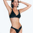 "Front view of the Brenda Seersucker Black Bikini Bottom on a model, highlighting the classic V-cut and moderate coverage."