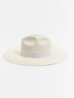 Front View: Brett White Hat With White Trim - MOEVA Luxury Swimwear, Straw Hat, Handwoven in Ecuador, Lightweight Straw, Single Crease, High Crown, Short Brim, Grosgrain Trim, Moeva Logo Plaque, 100% Toquilla Straw, MOEVA Luxury Swimwear 