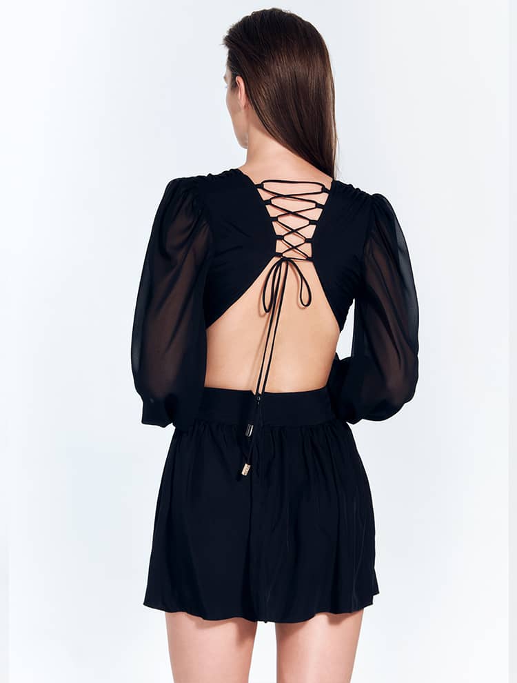 Brielle Black Blouson Sleeved V-Neck Mini Dress With Cut Out -RTW Dresses Moeva