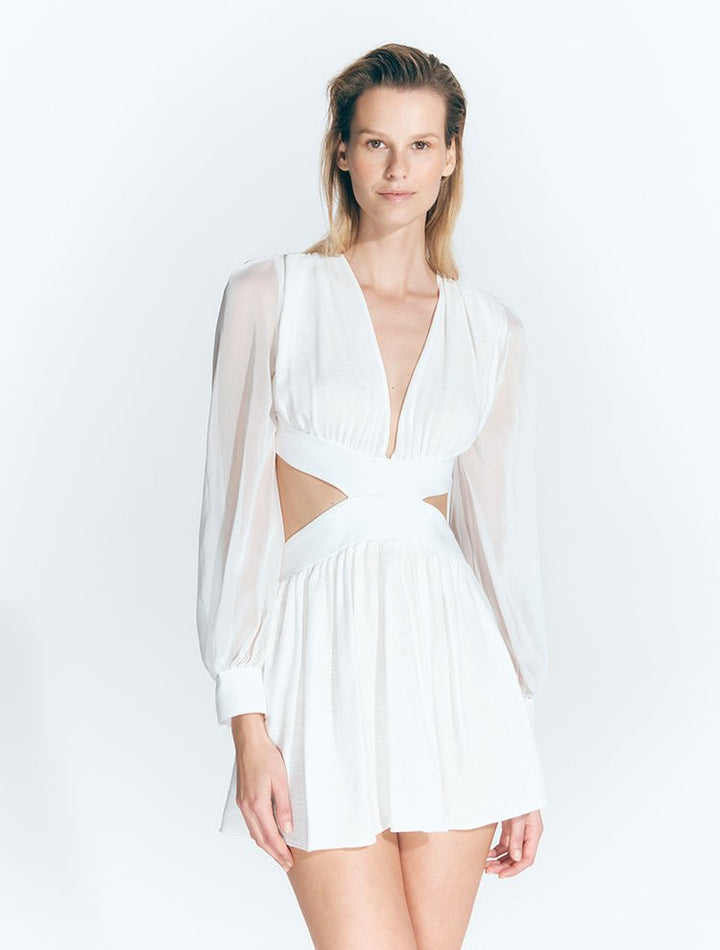 Brielle White Blouson Sleeved V-Neck Mini Dress With Cut Out -RTW Dresses Moeva