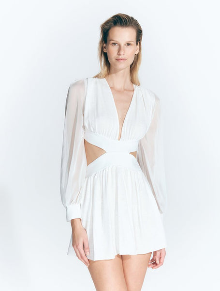 Brielle White Dress - V Neck Blouson Sleeve Dress