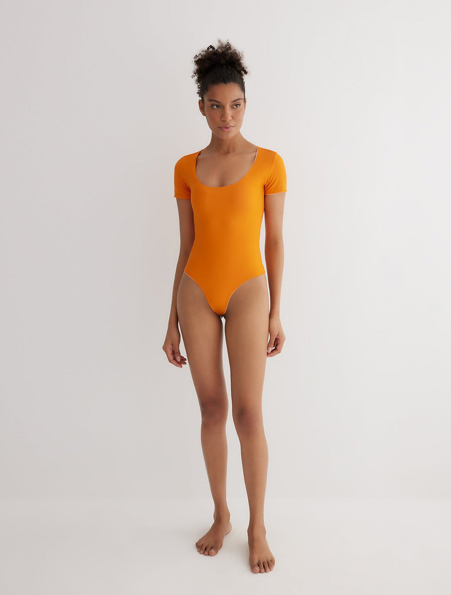 Britt Orange/Pink Reversible Bodysuit With Short Sleeves -Bodysuit Moeva