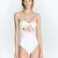 "White swimsuit with twist-knot bandeau top and cut-out detail on the front."