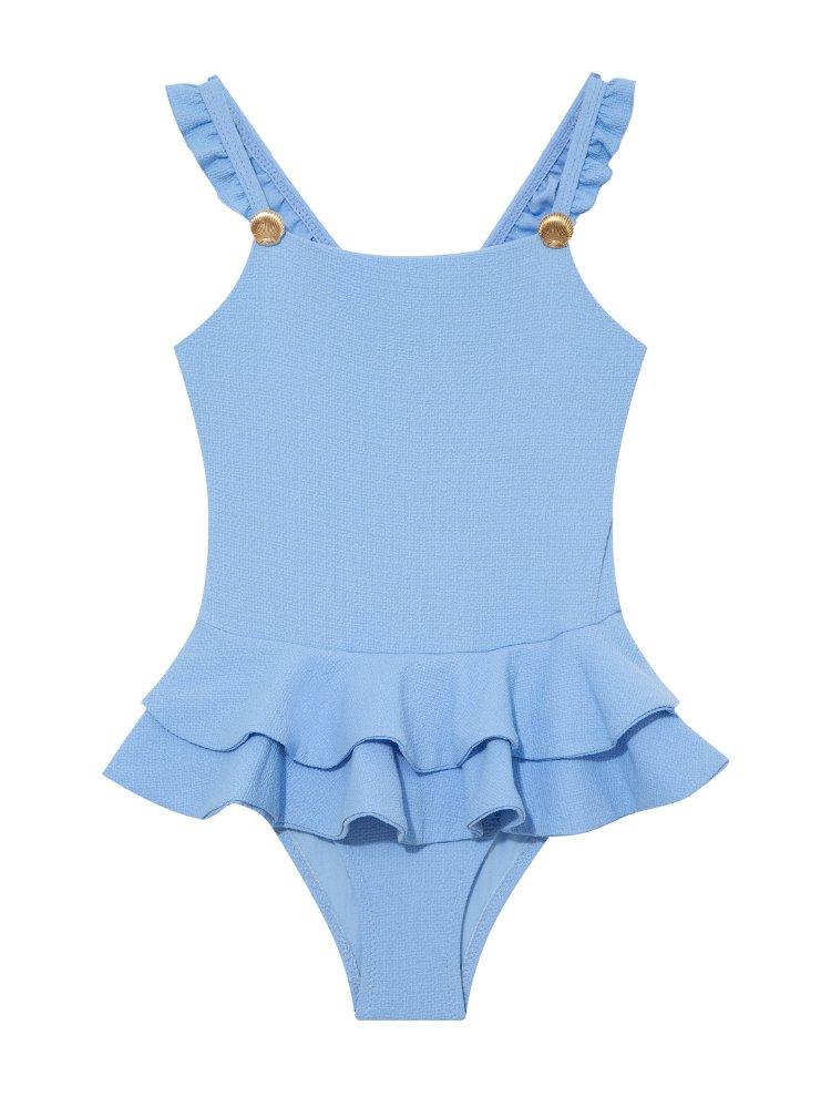 Front view of Bubu Baby Blue Swimsuit, highlighting the square neckline and playful ruffles.