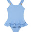 Front view of Bubu Baby Blue Swimsuit, highlighting the square neckline and playful ruffles.