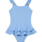 Front view of Bubu Baby Blue Swimsuit, highlighting the square neckline and playful ruffles.