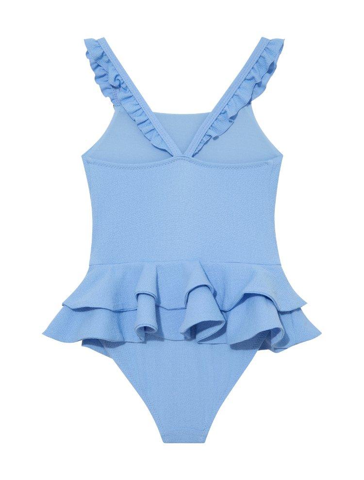 Back view of Bubu Baby Blue Swimsuit, showcasing full bottom coverage and serene blue shade.