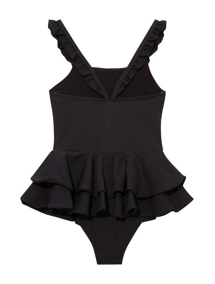 Back view of Bubu Black Swimsuit, showcasing full bottom coverage and elegant black shade.