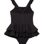 Back view of Bubu Black Swimsuit, showcasing full bottom coverage and elegant black shade.