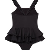 Back view of Bubu Black Swimsuit, showcasing full bottom coverage and elegant black shade.