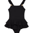 Welcome to the Bubu black swimsuit, a delightful blend of classic style and playful aesthetics, designed to provide a chic, comfortable swimming experience for your little one.   Playful Elegance Donning a rich, deep black color, the Bubu swimsuit exudes an undeniable charm that's sophisticated yet fun. The black hue not only provides a stylish contrast to the vibrant hues of the beach surroundings but also offers easy pairing with an array of beach accessories and footwear.The distinctive square neckline o