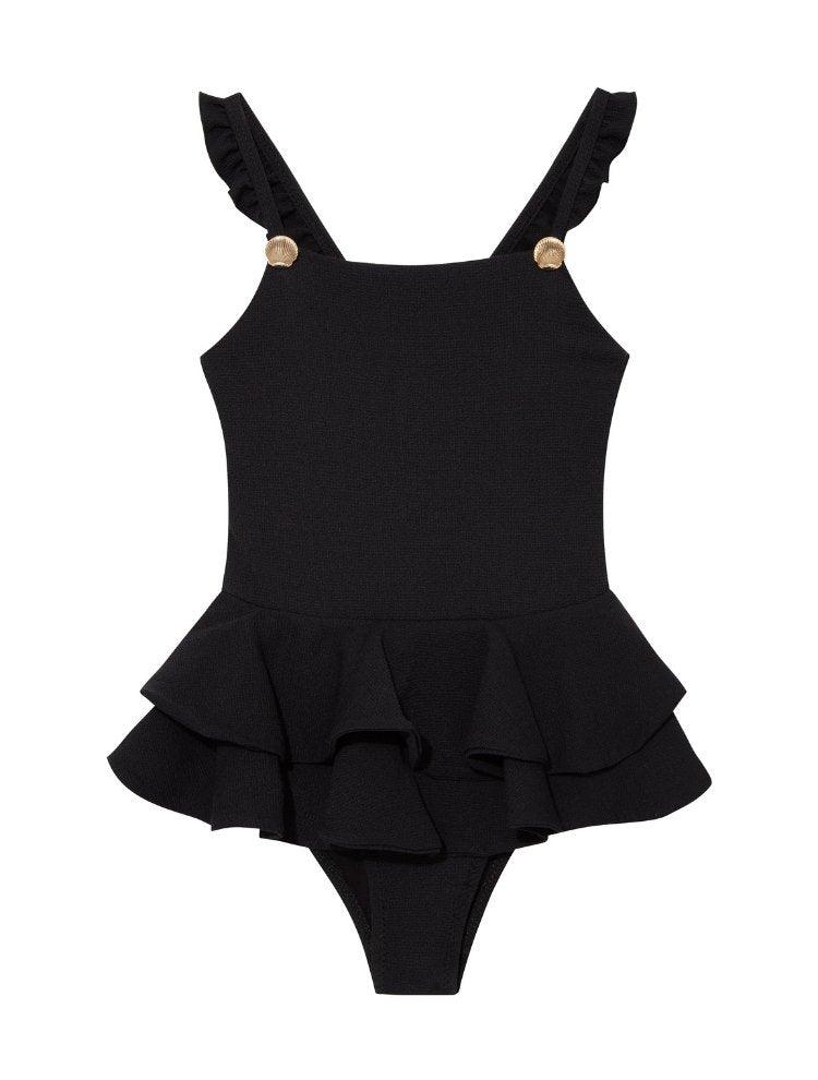 Welcome to the Bubu black swimsuit, a delightful blend of classic style and playful aesthetics, designed to provide a chic, comfortable swimming experience for your little one.   Playful Elegance Donning a rich, deep black color, the Bubu swimsuit exudes an undeniable charm that's sophisticated yet fun. The black hue not only provides a stylish contrast to the vibrant hues of the beach surroundings but also offers easy pairing with an array of beach accessories and footwear.The distinctive square neckline o