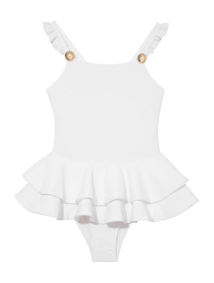 Front view of Bubu White Swimsuit, highlighting square neckline and charming ruffles.