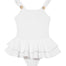 Front view of Bubu White Swimsuit, highlighting square neckline and charming ruffles.