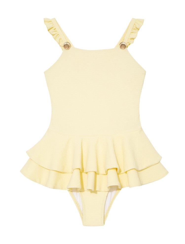 Front view of Bubu White Swimsuit, highlighting square neckline and charming ruffles.