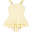 Front view of Bubu White Swimsuit, highlighting square neckline and charming ruffles.