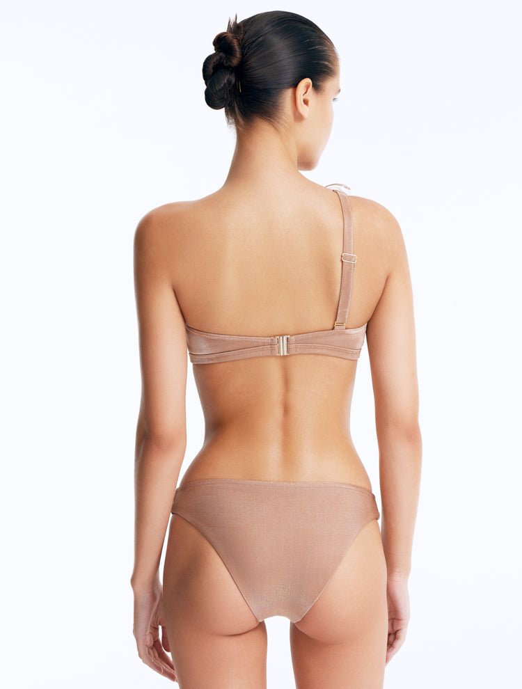 Back View: Calix Bronze Bikini Top on Model - Slash Cut Out, Gold Clasps At The Back, Adjustable Strap, Italian Fabric, MOEVA Luxury Swimwear
