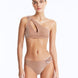 Front View: Model in Calix Bronze Bikini Set - One Shoulder, Fully Lined, Chic, Metallic Fabric, Clear Glass Hoop Accessory Detail, MOEVA Luxury Swimwear