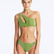 Front View: Model in Calix Green Bikini Set- One Shoulder, Metallic Fabric, Clear Glass Hoop Accessory, Slash Cut Out, Gold Clasps, MOEVA Luxury Swimwear