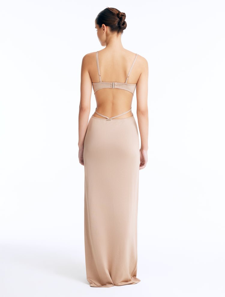 Back View: Calla Bronze Dress on Model - Cut Out Details, Low Back, Gold Clasps At The Back, MOEVA Luxury Swimwear