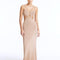 Front View: Model in Calla Bronze Dress - Chic Maxi Dress, Knitted, Ankle Length, Close Fit, U Shaped Wired, MOEVA Luxury Swimwear