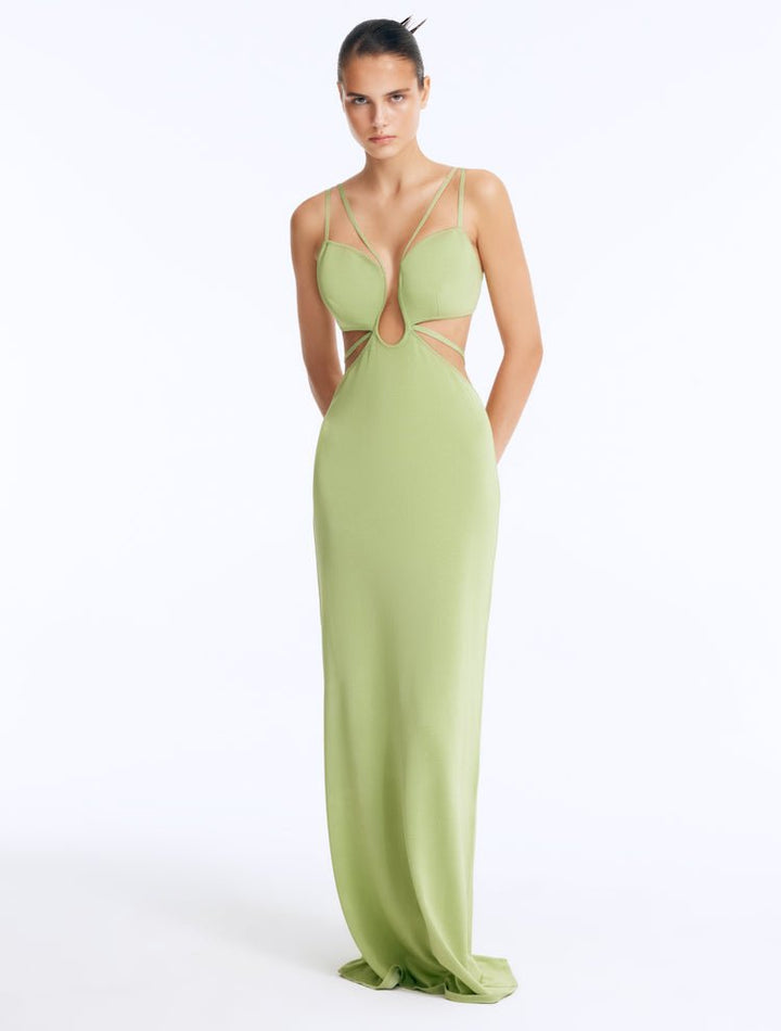 Front View: Model in Calla Green Dress - Chic Maxi Dress, U Shaped Wired, Knitted, Ankle Length, Close Fit, MOEVA Luxury Swimwear