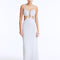 Front View: Model in Calla Silver Dress - U Shaped Wired, Chic Maxi Dress, Knitted, Ankle Length, Close Fit, MOEVA Luxury Swimwear