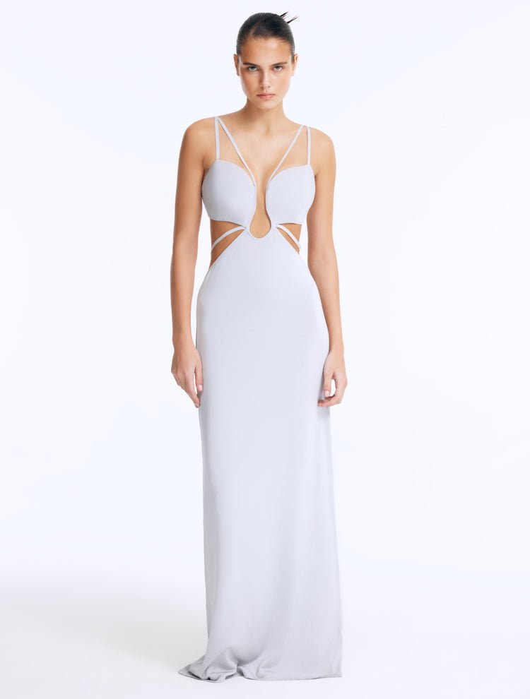 Front View: Model in Calla Silver Dress - U Shaped Wired, Chic Maxi Dress, Knitted, Ankle Length, Close Fit, MOEVA Luxury Swimwear