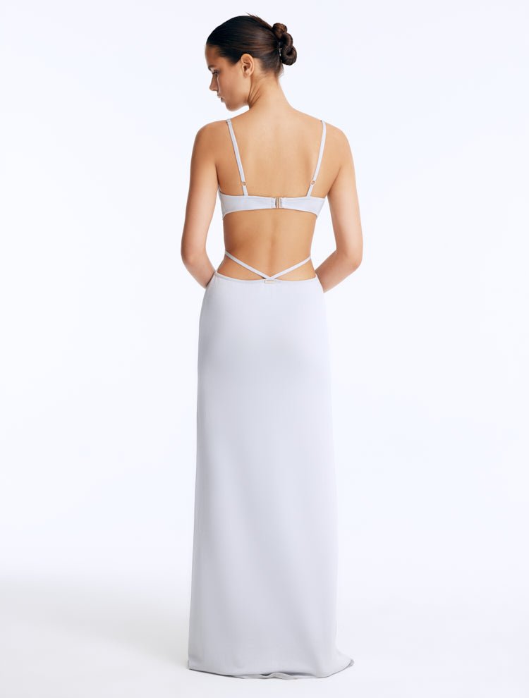 Back View: Calla Silver Dress on Model - Cut Out Details, Low Back, Gold Clasps At The Back, MOEVA Luxury Swimwear