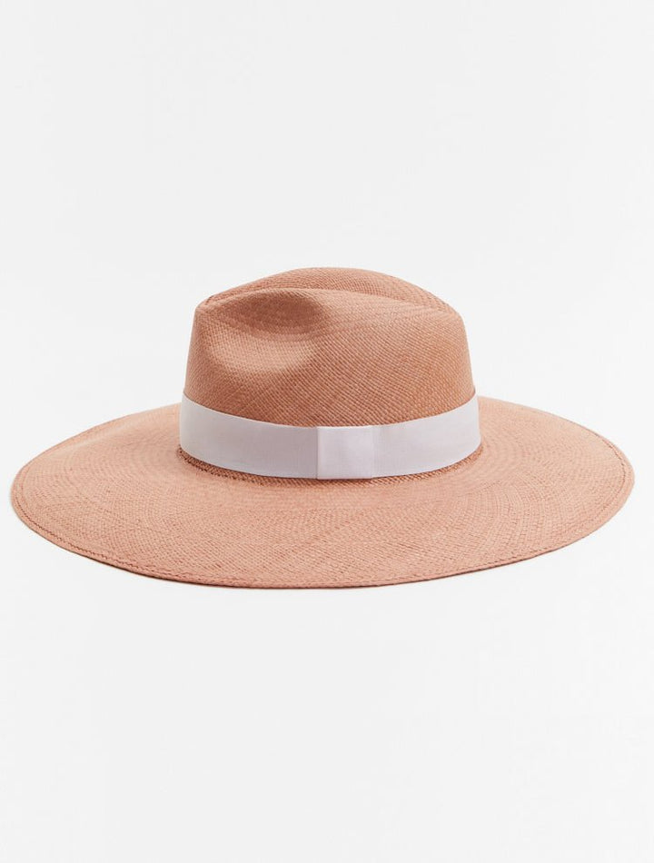 Campbell Coral High Crown Straw Hat With White Grosgrain Trim -Women Hats Moeva