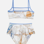 Front View: Carlotta Blue Abstract Kids Bikini - MOEVA Luxury Swimwear, Contrast Colors, Thin Straps, Ruffles Details, MOEVA Luxury Swimwear