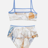 Front View: Carlotta Blue Abstract Kids Bikini - MOEVA Luxury Swimwear, Contrast Colors, Thin Straps, Ruffles Details, MOEVA Luxury Swimwear