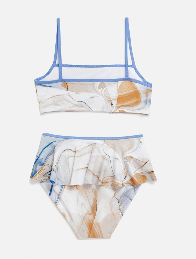 Front View: Carlotta Blue Abstract Kids Bikini - MOEVA Luxury Swimwear, Contrast Colors, Thin Straps, Ruffles Details, MOEVA Luxury Swimwear