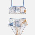 Front View: Carlotta Blue Abstract Kids Bikini - MOEVA Luxury Swimwear, Contrast Colors, Thin Straps, Ruffles Details, MOEVA Luxury Swimwear
