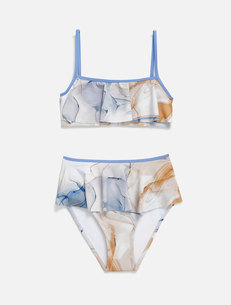 Front View: Carlotta Blue Abstract Kids Bikini - MOEVA Luxury Swimwear, Contrast Colors, Thin Straps, Ruffles Details, MOEVA Luxury Swimwear