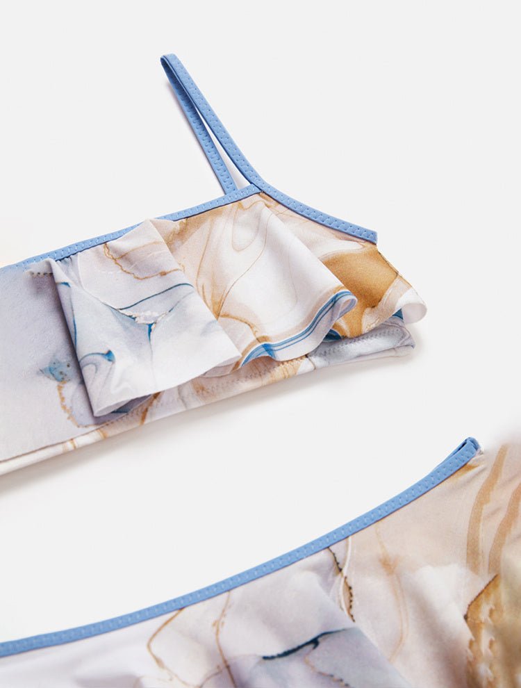 Close Up View: Carlotta Blue Abstract Kids Bikini - MOEVA Luxury Swimwear, Stretchy Fabric, Full Bottom Coverage, Soft Tocuh Fabric, Square Neck, Fully Lined, Mommy and Me, MOEVA Luxury Swimwear