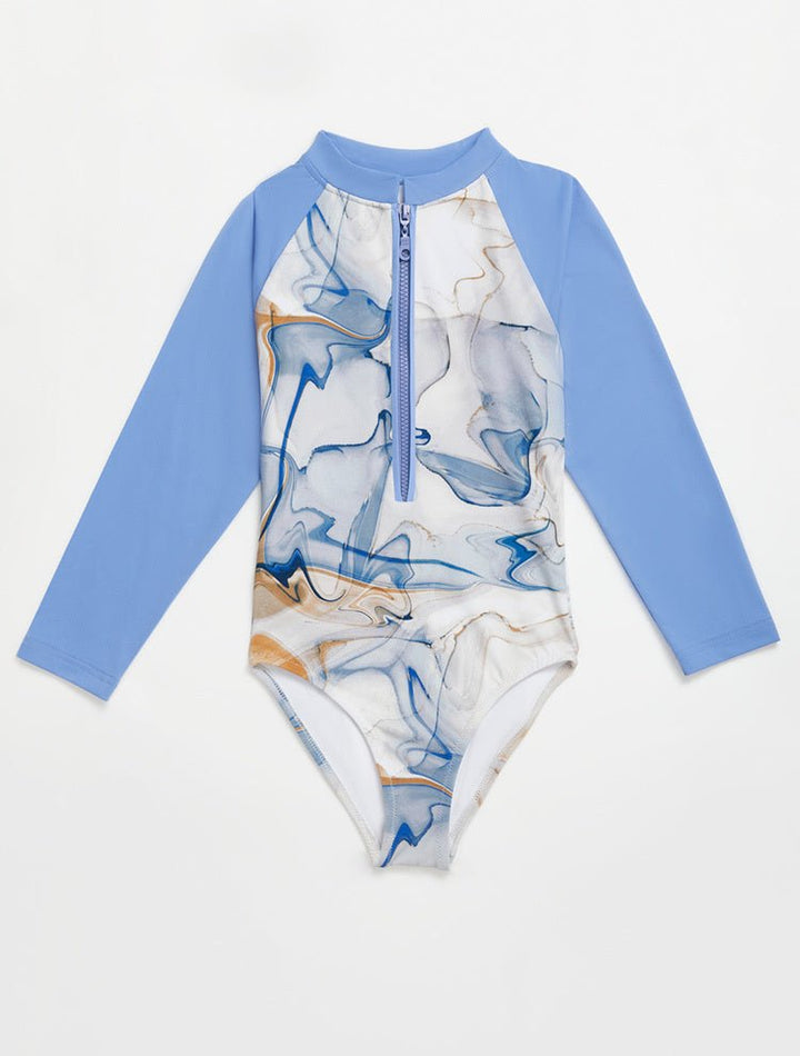 Front View: Carmella Blue Abstract Kids Swimsuit - MOEVA Luxury Swimwear, Contrast Colors, Long Sleeves, Zip Fastening at Front, One Piece, Long Sleeved, Fully Lined, Mommy and Me, MOEVA Luxury Swimwear