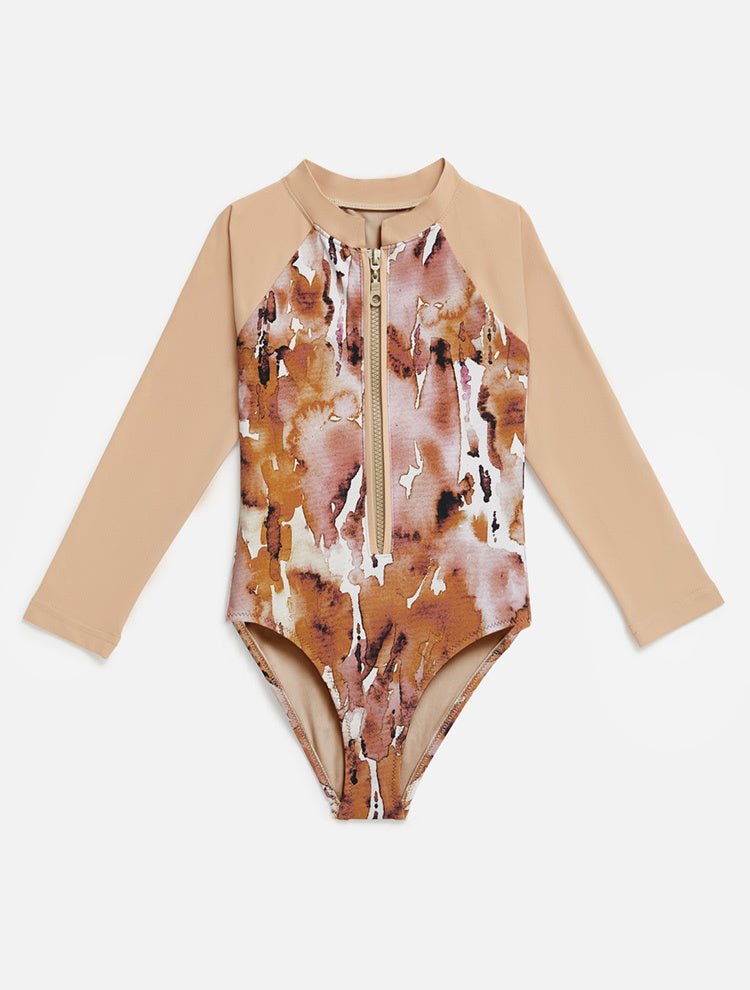 Front View: Carmella Floral Abstract Kids Swimsuit - MOEVA Luxury Swimwear, Contrast Colors, Long Sleeves, Zip Fastening at Front, One Piece, Long Sleeved, Fully Lined, Mommy and Me, MOEVA Luxury Swimwear