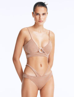 Front View: Model Wearing Cassia Bronze Bikini Bottom - Low Waist Briefs, Chic and Accessorized, Metallic Fabric, MOEVA Luxury Swimwear