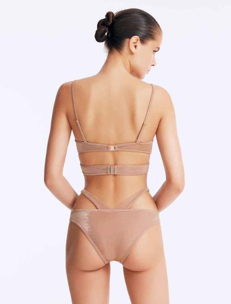 Back View: Cassia Bronze Bikini Seton Model - Chic and Stylish Two-Piece Swimsuit Top, Adjustable Straps, Fully Lined, Italian Fabric, MOEVA Luxury Swimwear