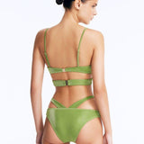 Back View: Cassia Green Bikini Bottom on Model - Stylish Two-Piece Swimsuit Bottom, Moderate Bottom Coverage, Italian Fabric, MOEVA Luxury Swimwear