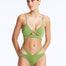 Front View: Model Wearing Cassia Green Bikini Bottom - Low Waist Briefs, Chic and Accessorized, Metallic Fabric, MOEVA Luxury Swimwear