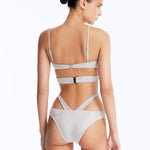 Back View: Cassia Silver Bikini Set on Model - Stylish Two-Piece Swimsuit Bottom, Moderate Bottom Coverage, Italian Fabric, MOEVA Luxury Swimwear