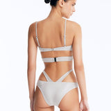 Back View: Cassia Silver Bikini Set on Model - Stylish Two-Piece Swimsuit Bottom, Moderate Bottom Coverage, Italian Fabric, MOEVA Luxury Swimwear