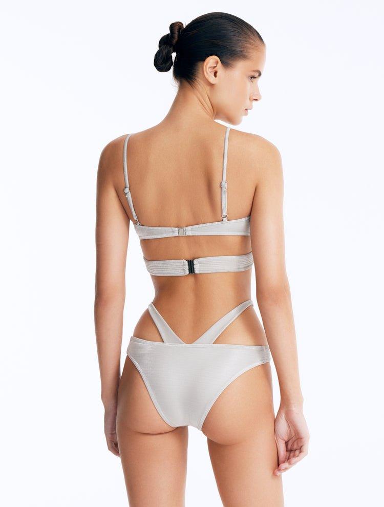 Back View: Cassia Silver Bikini Set on Model - Stylish Two-Piece Swimsuit Bottom, Moderate Bottom Coverage, Italian Fabric, MOEVA Luxury Swimwear