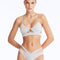 Front View: Model Wearing Cassia Silver Bikini Set- Low Waist Briefs, Chic and Accessorized, Metallic Fabric, MOEVA Luxury Swimwear