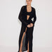Front View: Model in Chad Black Kaftan - MOEVA Luxury Swimwear, Mesh Knit, Long-Sleeved, Ankle Length, MOEVA Luxury Swimwear