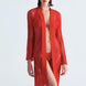 "Front view of the Chantel Red Kaftan displaying its knee-length hemline, long sleeves, and front-tie belt. "