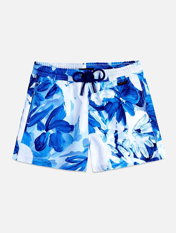 "Front view of Charlie blue abstract kids swim shorts with adjustable drawstring and Moeva patch."