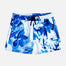 "Front view of Charlie blue abstract kids swim shorts with adjustable drawstring and Moeva patch."